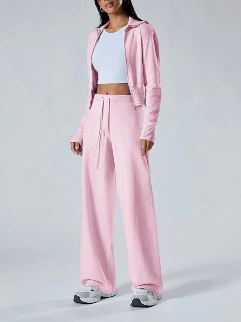 Women's Long Sleeve Zip-Front Cardigan And Knitted Long Pants Casual coord set